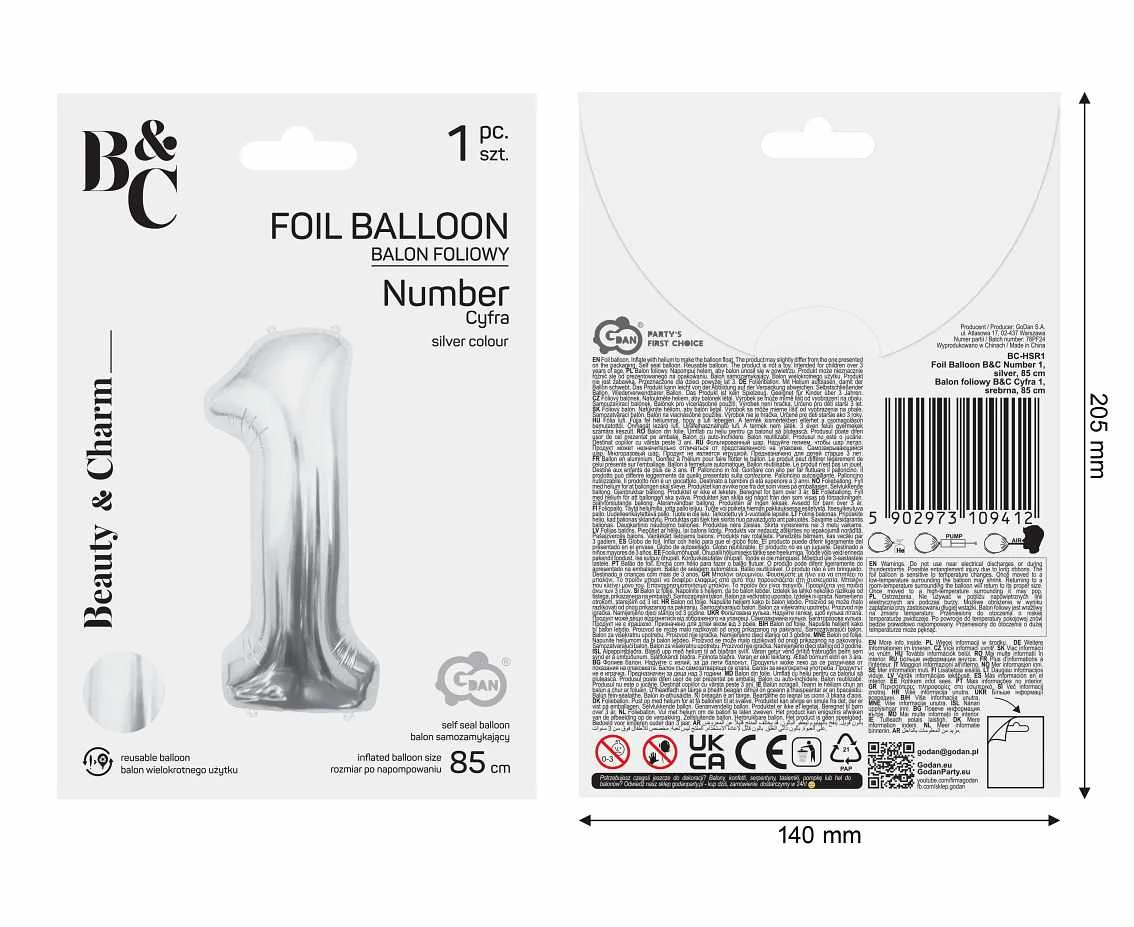 Balon foliowy B&C Cyfra 1, srebrna, 85 cm